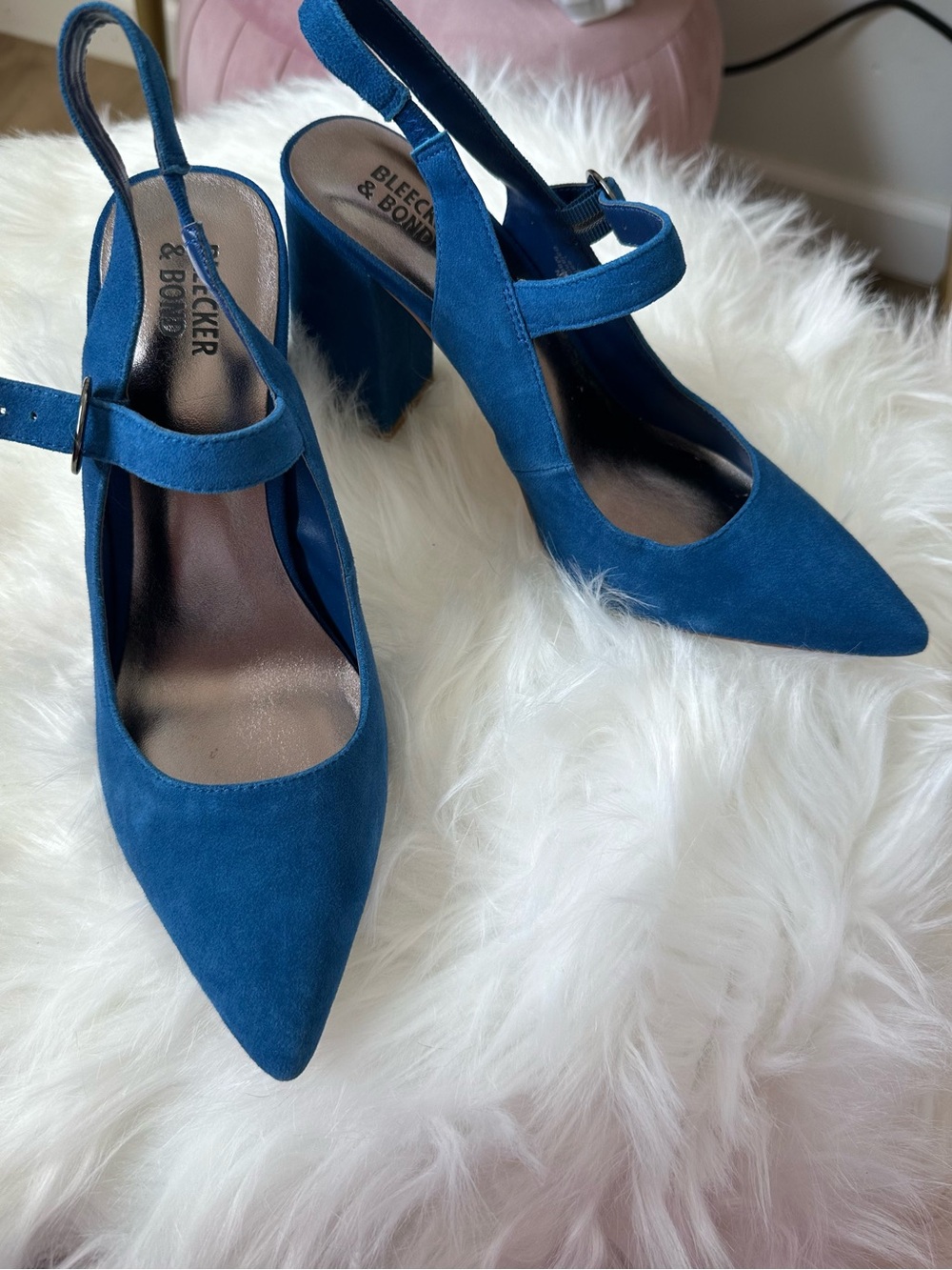 Bleecker & Bond Teal Blue Suede Pointed Slingback Heels